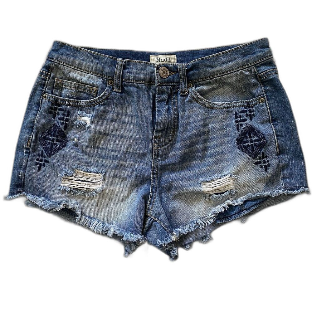 Mudd Cut-Off Jean Shorts Womens 11 Vintage Embroidered Mid-Rise Micro Denim Blue